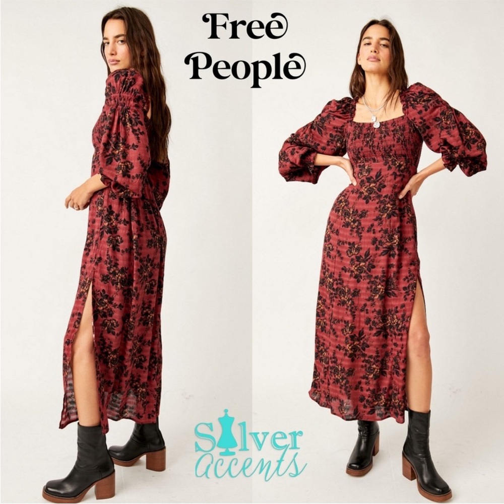 Free People Jaymes Burgundy Floral Long Sleeve Dress - Picture 2 of 4